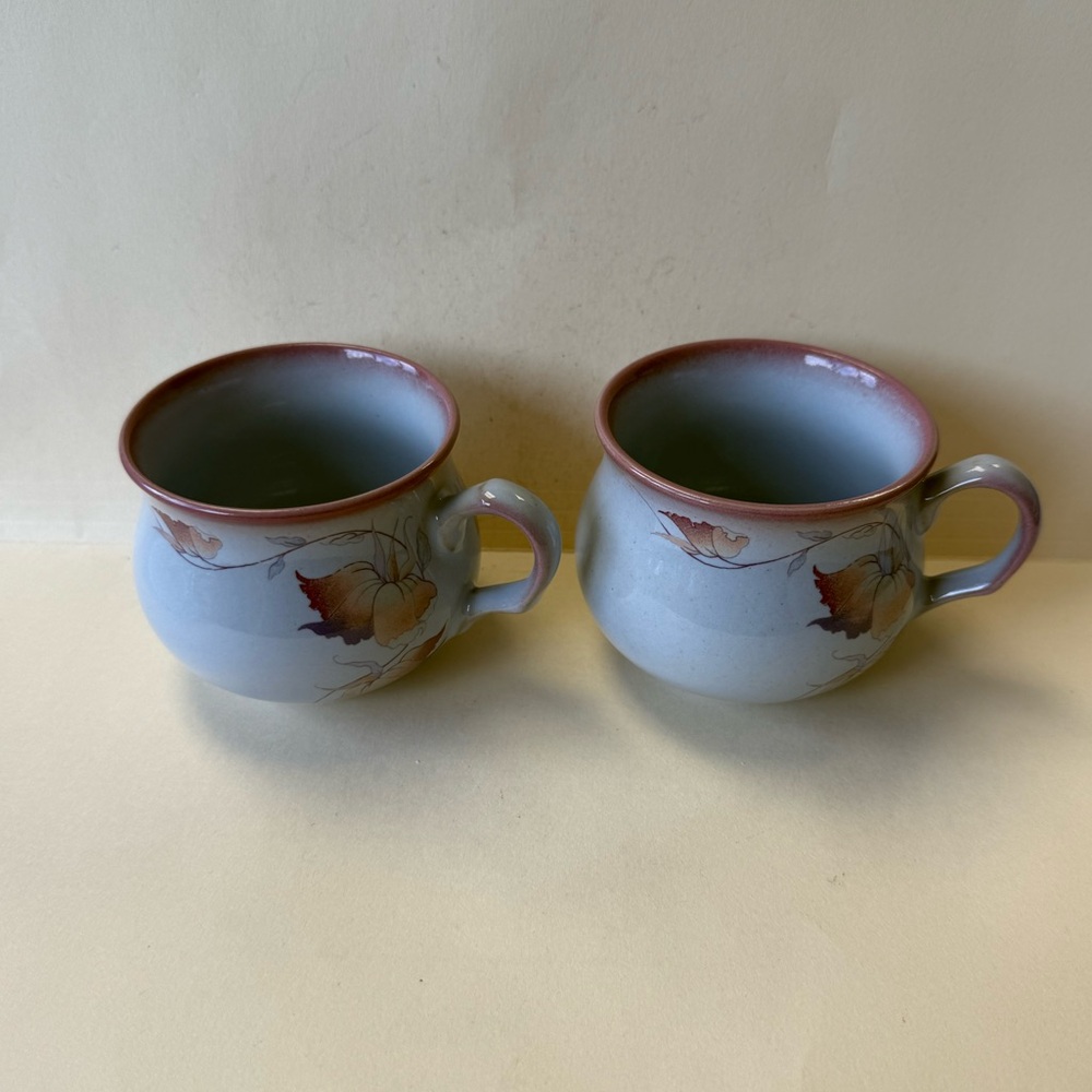 Pair of Vintage Denby Gray Twilight Ceramic Cups Mugs w/ Pink and Purple Florals